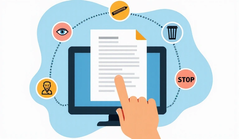 Ilustración de una mano señalando un documento con iconos de derechos de usuario, como un ojo, un lápiz y una papelera.